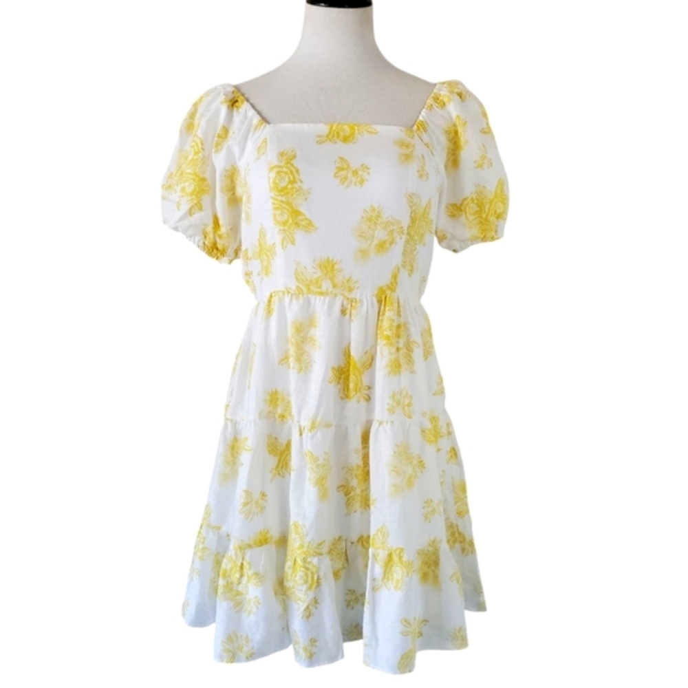 CHELSEA & VIOLET Yellow/white Floral‎ Toile Linen Blend Puff Sleeve Mini Dress L